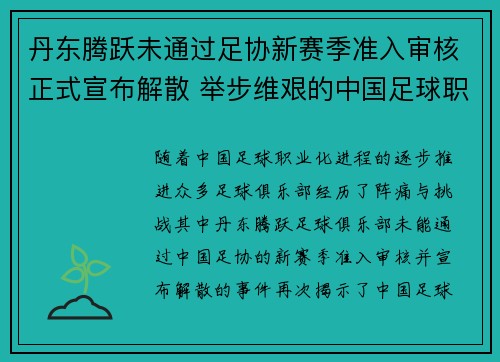 丹东腾跃未通过足协新赛季准入审核正式宣布解散 举步维艰的中国足球职业化困境再现 丹东腾跃未通过足协新赛季准入审核正式宣布解散 举步维艰的中国足球职业化困境再现