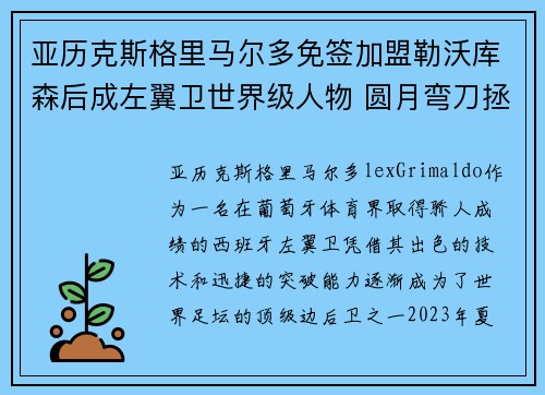 亚历克斯格里马尔多免签加盟勒沃库森后成左翼卫世界级人物 圆月弯刀拯救球队 亚历克斯格里马尔多免签加盟勒沃库森后成左翼卫世界级人物 圆月弯刀拯救球队
