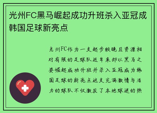 光州FC黑马崛起成功升班杀入亚冠成韩国足球新亮点 光州FC黑马崛起成功升班杀入亚冠成韩国足球新亮点