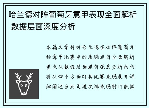 哈兰德对阵葡萄牙意甲表现全面解析 数据层面深度分析